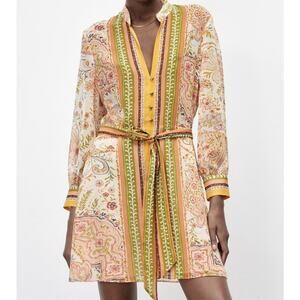 Zara Printed Chiffon Shirt Dress Small Boho Floral Stripe Tunic Mini
